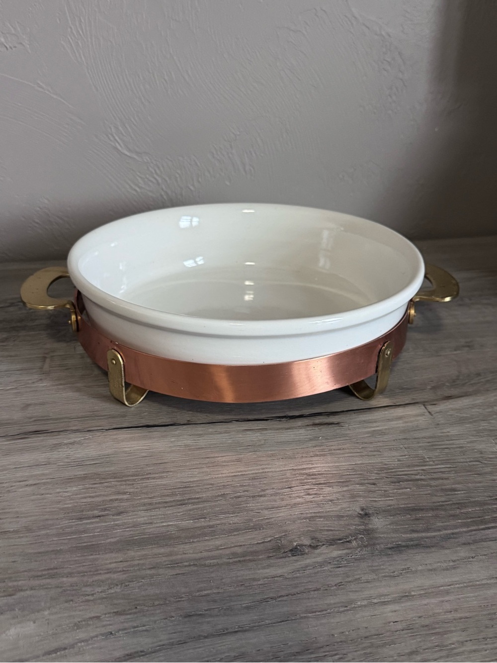 Ceramic and Copper Round Serving Casserole with Brass Handles - White